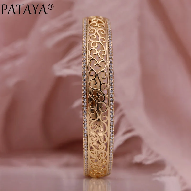 PATAYA New Hollow Bangles 585 Rose Gold Natural Zircon Women Bangles Carving Pattern Wedding Luxury Fine Classic Fashion Jewelry