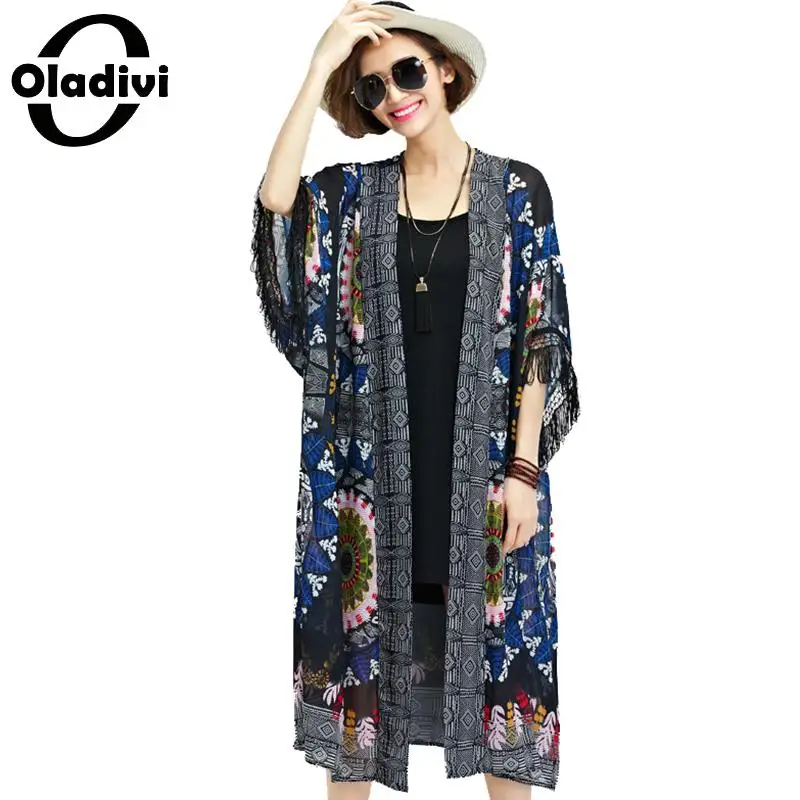 Outerwear Cover-Cape Oladivi Blouse Shirt Oversized-Top Plus-Size Women Cardigan Kimono