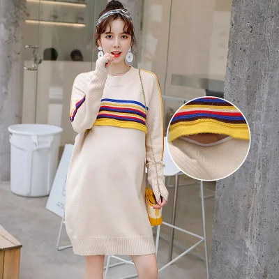 

Autumn and winter pregnant sweater dress fashion stitching dress long feeding outside wearing pregnant breastfeeding sweater sk