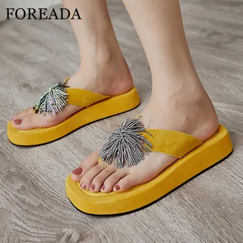 

FOREADA Natural Genuine Leather Platform Flat Slides Women Shoes Flip Flop Slippers Crystal Fringe Female Sandals Yellow Black 9