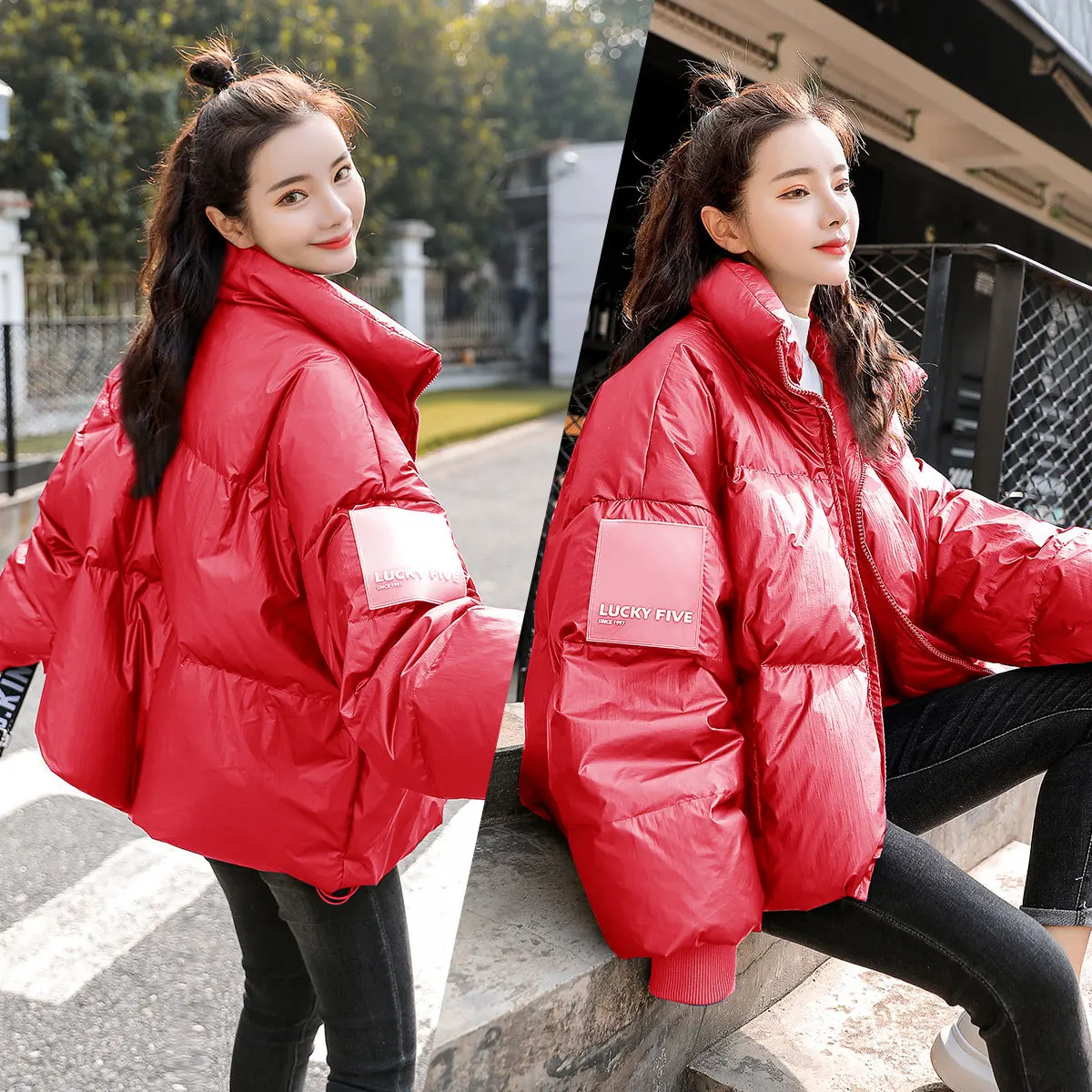 

Cotton-padded Clothes Solid Color Printed Letter Simple Zipper 2018 Winter Long Sleeve Convention High Collar Short Section