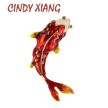 

CINDY XIANG New Year Enamel Carp Brooch Cubic Zirconia Fish Pin Brooches For Women Red Color New Year Jewelry Good Gift