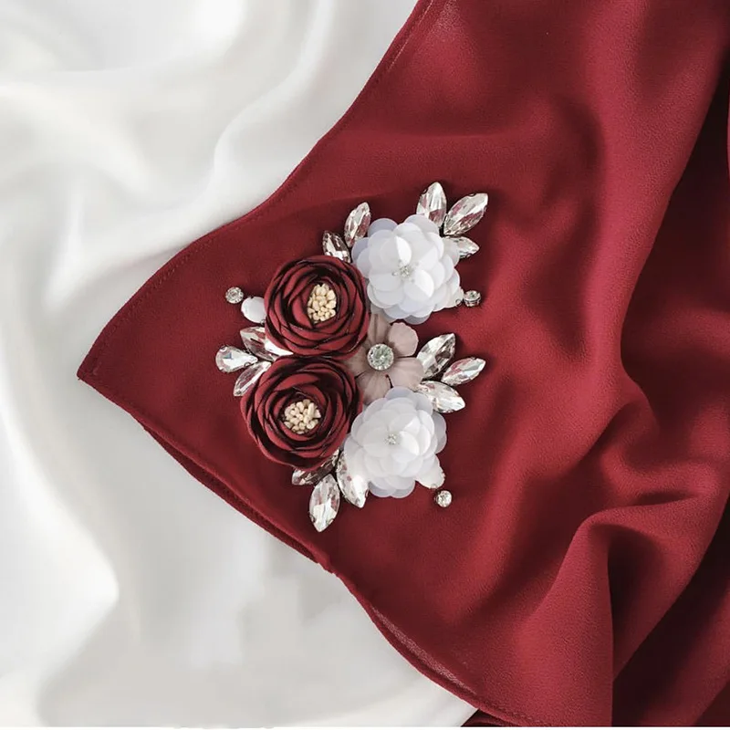 Dubai Arabia Woman hijab Solid Color Chiffon embroidery Popular Shawls Scarf Headband Muslim Turban abaya Diamonds (1)