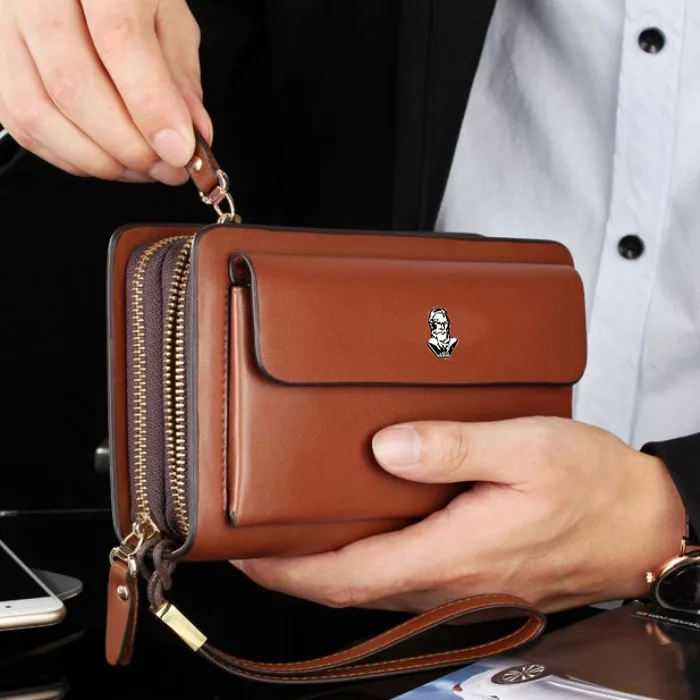 hommes cuir embrayage gros portefeuille Zip Around Clutch wristlet iPhone case 