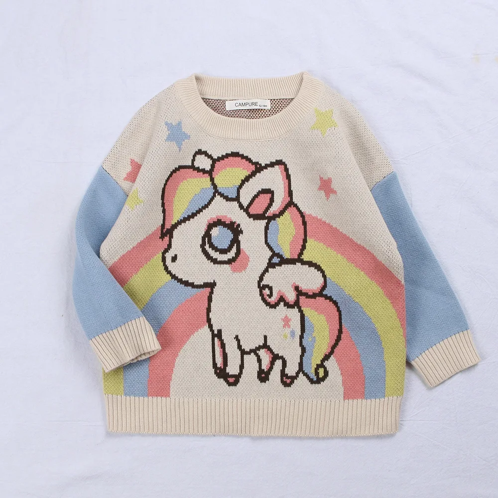 beige Высококачественные детские зимние свитера с единорогом для мальчиков и девочек, одежда с длинными рукавами с радугой, детский Хлопковый вязаный Топ - Цвет: beige