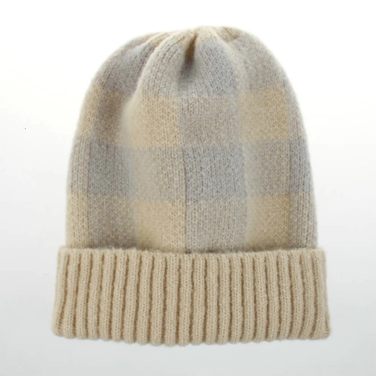 BOoDinerinle Winter Hats For Women Warm Two-color Plaid Hat Warm Knit Beanie Cap Casual Winter Women's Hat