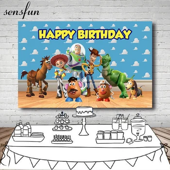 

Sensfun Toy Story Backdrop For Kids Character Sky Blue Clouds Wall Wood Floor Backgrounds For Birthday Photo Studio Vinyl 7x5ft