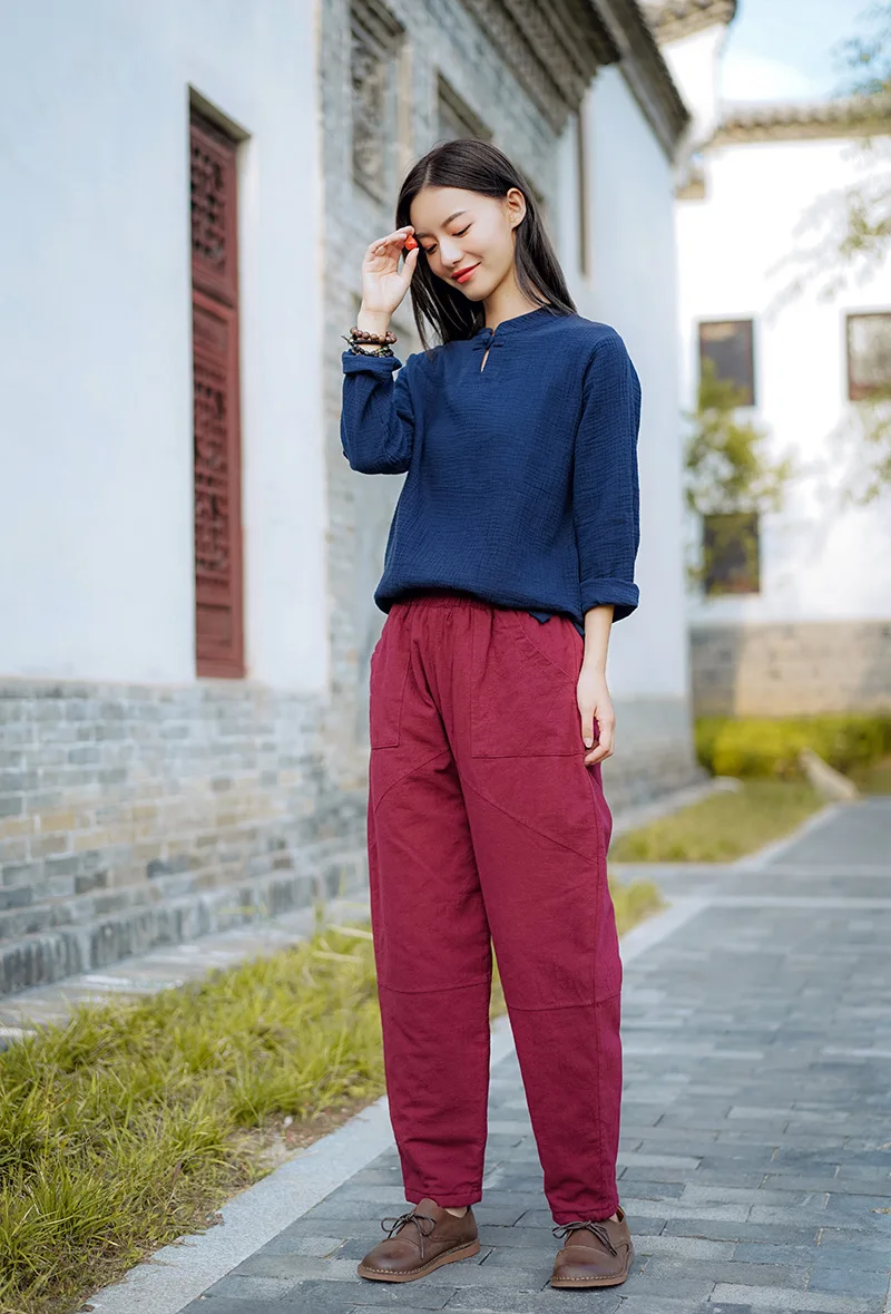 Women Autumn Winter Patchwork Elastic Waist Pants Ladies Vintage Spliced Retro Pants Female Cotton Linen Trousers