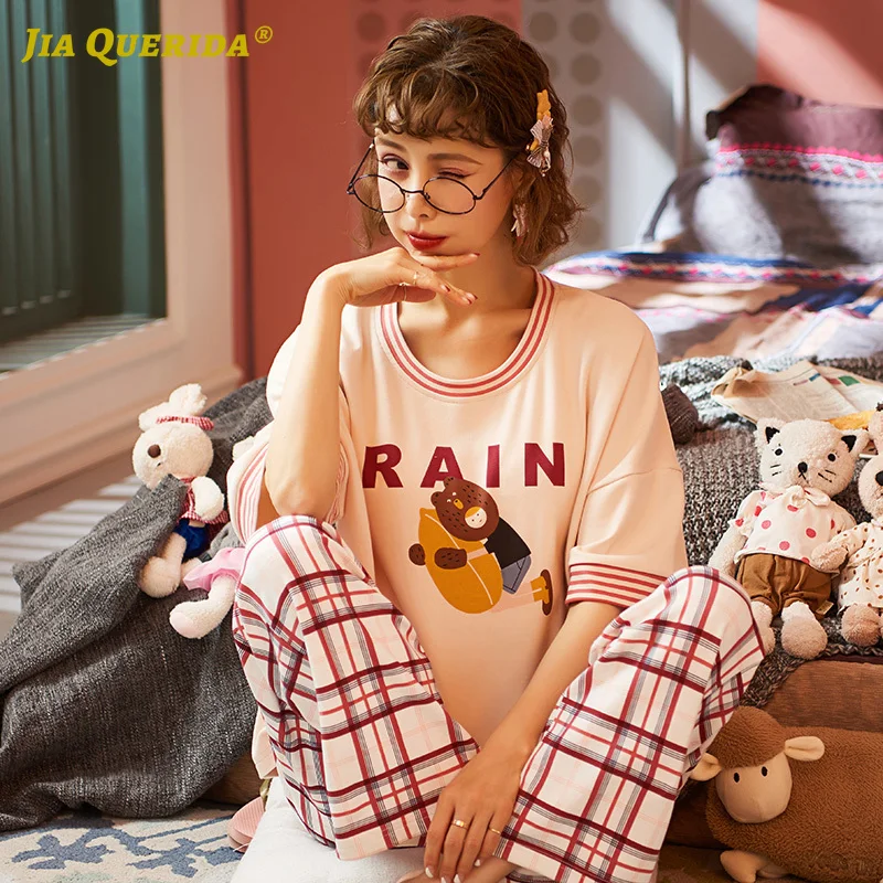 Fashion Plus Size New Pajamas Homesuit Homeclothes Women Pajama Set Short Sleeve Long Pants Cartoon Printing Sleepwear Pj Set