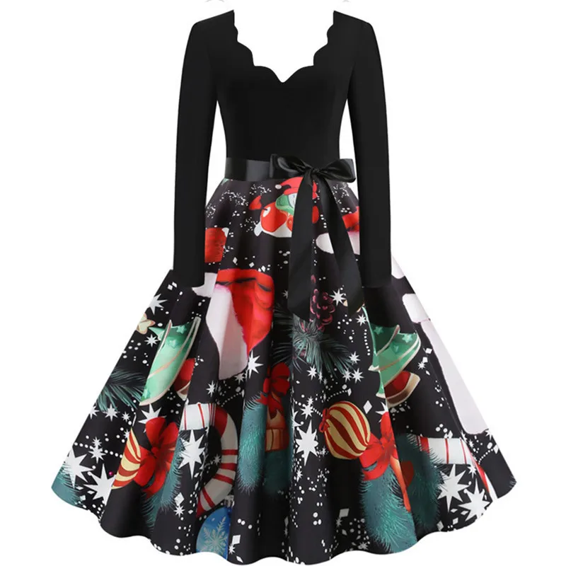 Осеннее женское рождественское платье с длинным рукавом с v-образным вырезом и принтом Новогоднее праздничное платье большого размера повседневное винтажное зимнее платье#40 - Цвет: Черный
