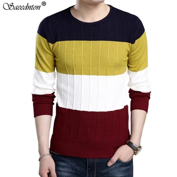 

2020 Autumn Winter Brand Men Sweater O-neck Striped Slim Men Casual Long Sleeve Patchwork Pollover Sweaters Mens Tops Clothes