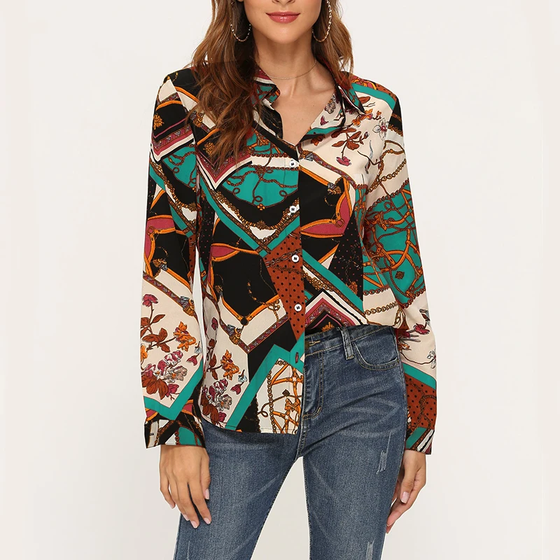 

Oeak Women's Retro Casual Large Size Shirts Women Shirts Autumn Fashion Bohemian Pattern Slim Long Sleeve Chiffon Shirt 2019