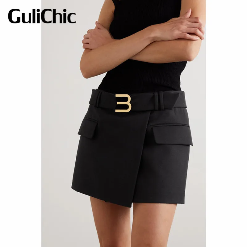 

5.18 GuliChic High Quality Women With Belt Fashion Solid Color A-Line Short Skirt