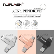 Nuiflash 3 в 1 USB флеш-накопитель для iPhone X/8/7/7plus/6/6s/5 ipad металлическая Флешка HD Memory Stick 8G 16G 32G 64G 128GFlash Driver