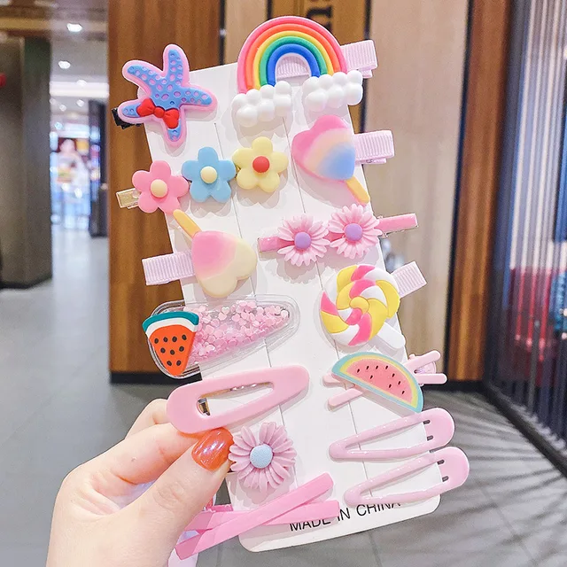 1 Set Of New Girl Cute Cartoon Fruit Animal ColorfulHairpin Iittle Girl Side Clip BB Hairpin Baby Fashion Hair Accessories 14PCS