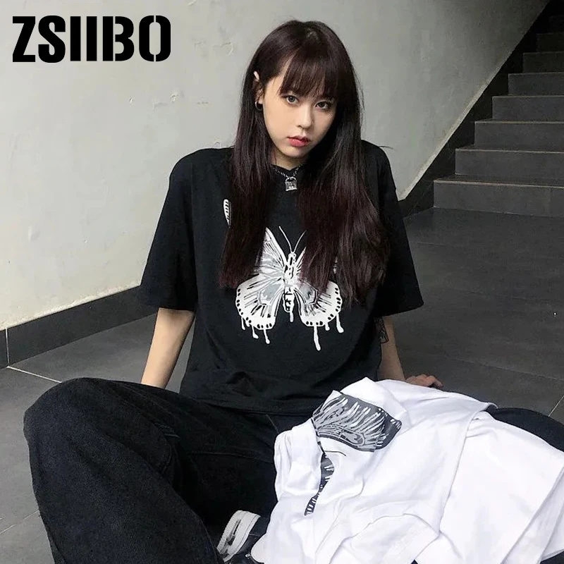 Top harajuku vintage aesthetic gothic graphic punk clothes butterfly clothing tee Women's t-shirts cotton Oversize dropshipping