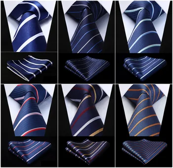 

Party Wedding Men's Woven Silk Ties Pocket Square Set Striped Navy Blue Jacquard Necktie Handkerchief Set