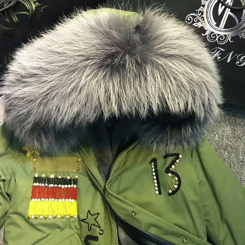 Suave Army-green парка для женщин серое пальто с воротником из натурального меха енота пальто с рисунком флага для дам куртка с подкладкой из искусственного меха