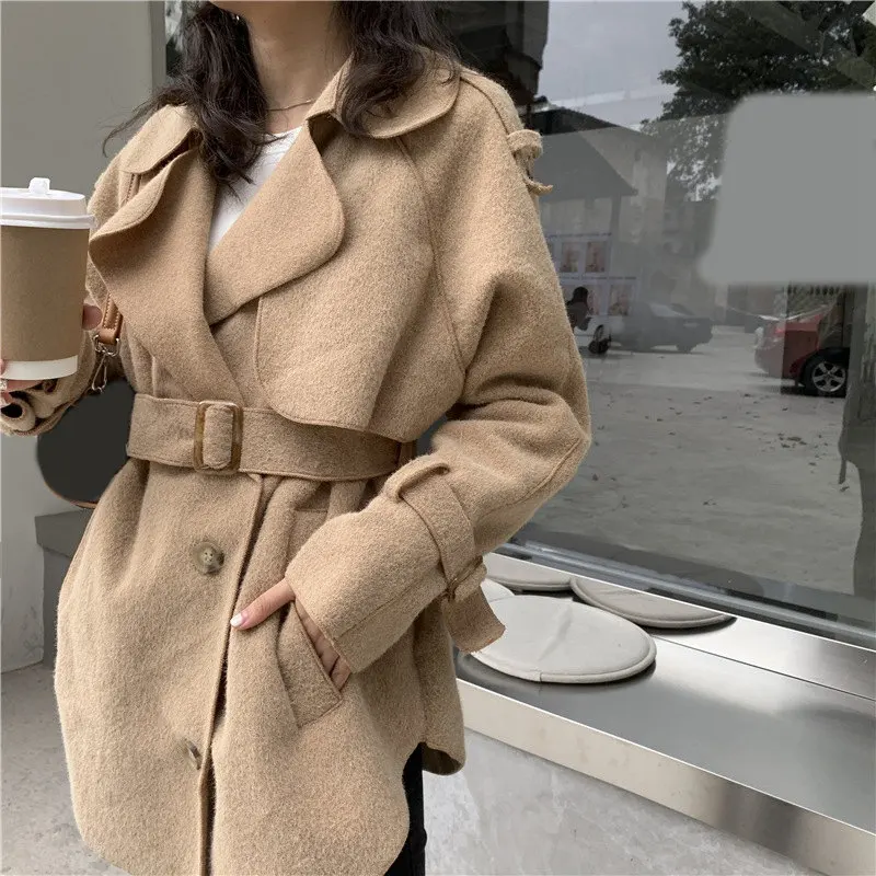 Khaki Coat Women RICININA, шерстяное короткое пальто, женская куртка, зима, весна, пояс, пуговицы, ассиметричное, Ретро стиль, женские куртки и пальто, повседневная верхняя одежда - Цвет: Khaki Coat Women