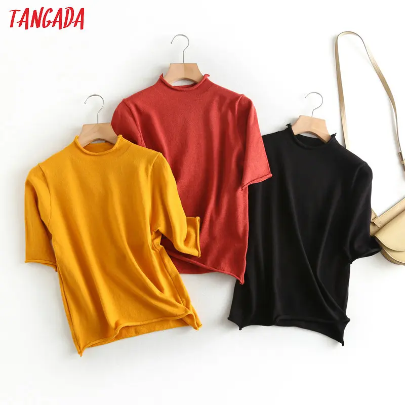 

Tangada 2020 fashion women spring solid thin sweater half sleeve vintage ladies short style elegant knitted jumper tops BC54