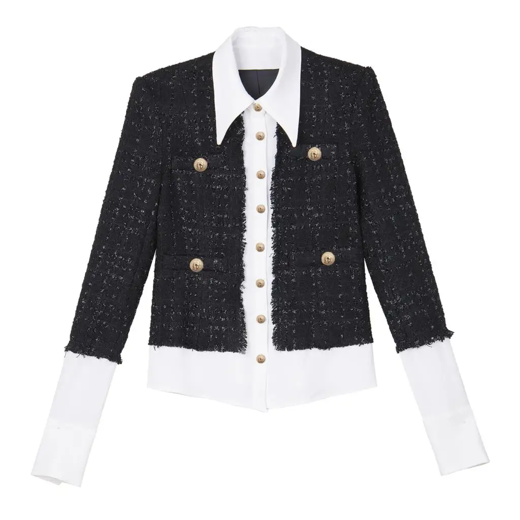 jacket Лоскутные твидовые куртки женские пальто воротник с лацканами Длинные рукава корейские пальто женские короткие куртки Осенняя мода OL Новинка - Цвет: jacket