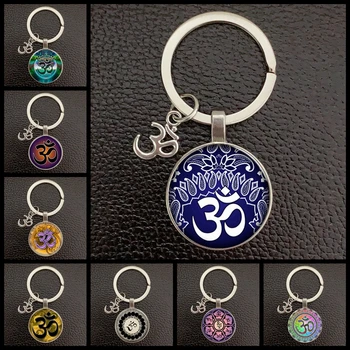 

Creative Vintage Glass Dome Keychain Buddhist Chakra Keychain Jewelry Om Indian Yoga Mandala Keychain for Women Men
