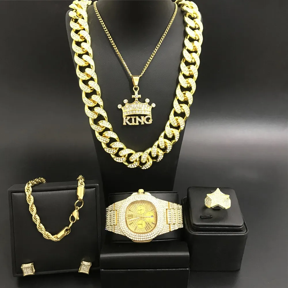 

Hip Hop Men Gold Ice Out Cuban Necklace Men Watch & Necklace & Braclete & Ring & Earrings Combo Set Hip Hop Jewerly Set For Men