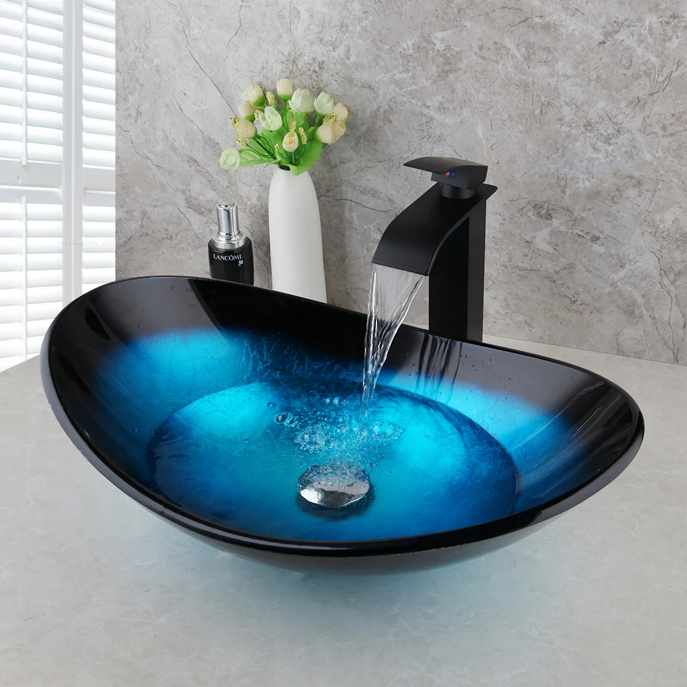 YANKSMART Bathroom Vessel oval Sink Set Contemporary Tempered Glass+oil rubbed bronze brass Faucet+Chrome Pop-up Drain