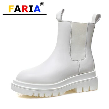 

2020 fashion off white black genuine leather Chelsea Boots women falt platform ankle Slip-On Spring/Autumn causal female shoes