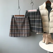 Осенняя тонкая шерстяная юбка Женская стильная клетчатая юбка с высокой талией винтажная британская юбка