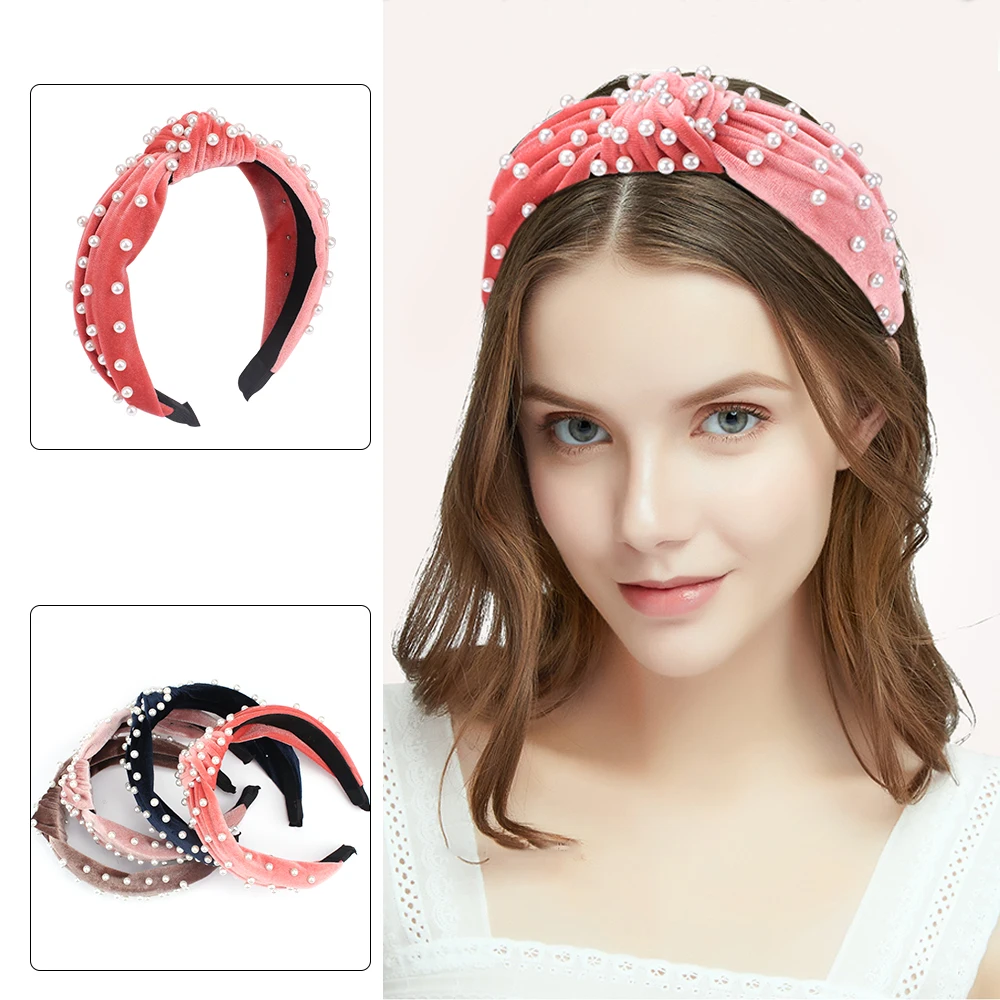 

Fashion Pearl Headbands for Women, 4 PCS Taomoder Velvet Hair Bands Knotted Headbands for Women Thick Headbands for Women