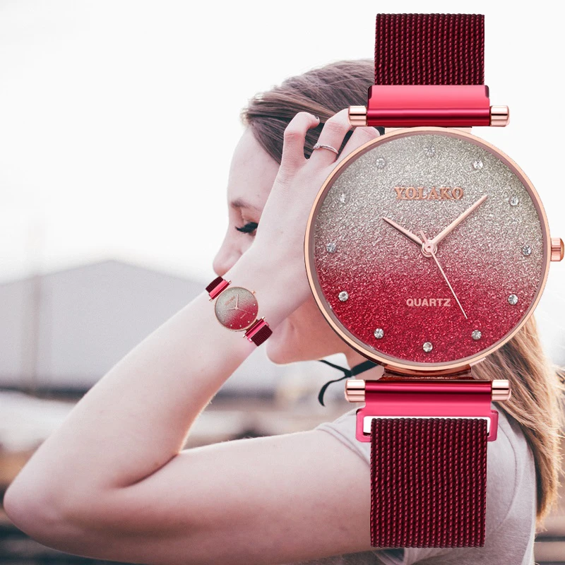 

Luxury Ladies Quartz Watch Loose Powder Gradient Large Dial Magnet Stone Mesh Belt Women Casual Fashion Gift Clock Relógio