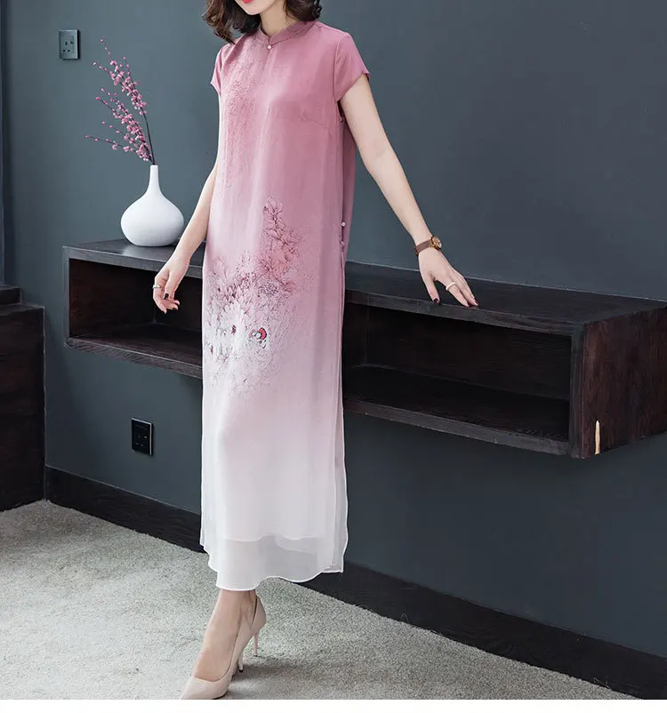 Ретро платье средней длины из шелка тутового шелкопряда улучшенный Cheongsam элегантный большой размер Весна и лето стиль