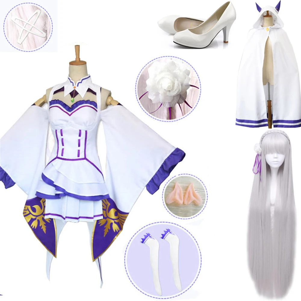 Re Zero Hajimeru Isekai Seikatsu Emilia, парики, костюмы для косплея, женское платье с головным убором для Хэллоуина, вечерние