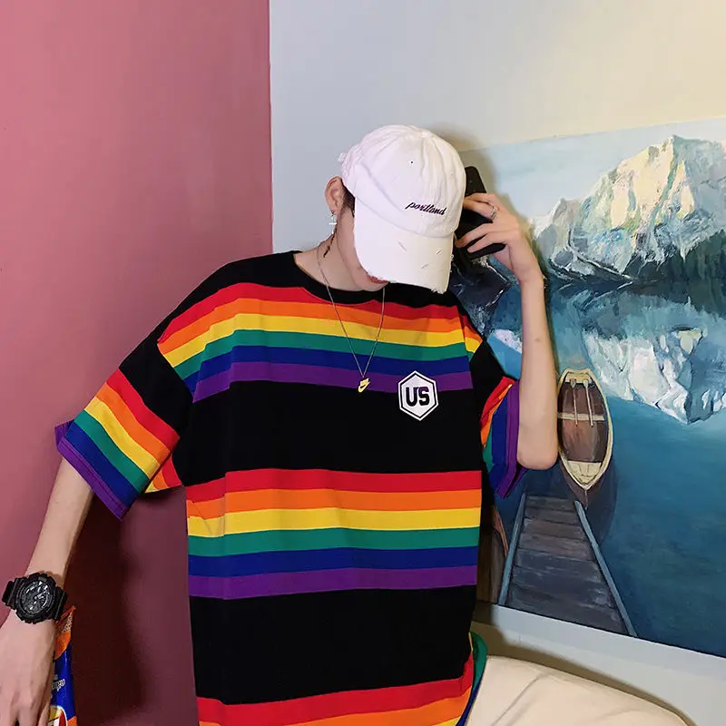 Striped Five-sleeved Men's New Relaxed Fashionable Half-sleeved Couple Tee Short-sleeved T-shirt in 2019