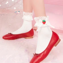 Кружевные хлопковые кружевные носки с клубничным бантом; милые японские носки Лолиты для девочек
