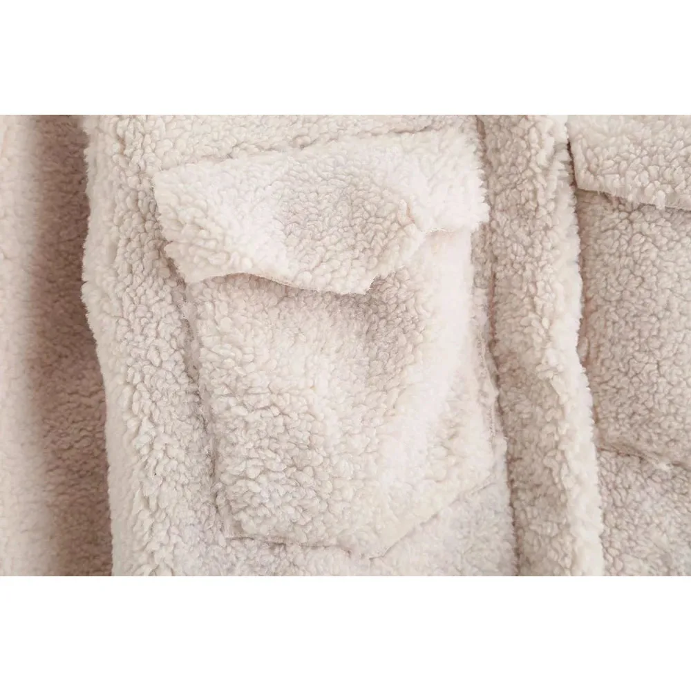 Стильная шикарная женская бежевая флисовая куртка с карманами, модная зимняя женская теплая кашемировая куртка, Повседневная Верхняя одежда для девочек