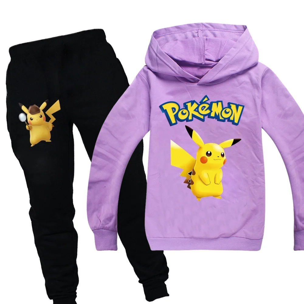 Детская одежда для мальчиков и девочек с принтом «POKEMON GO», «Detective Pikachu»; осенний свитер; комплект из 2 предметов; хлопковая Спортивная толстовка с длинными рукавами и рисунком; комплект с футболкой