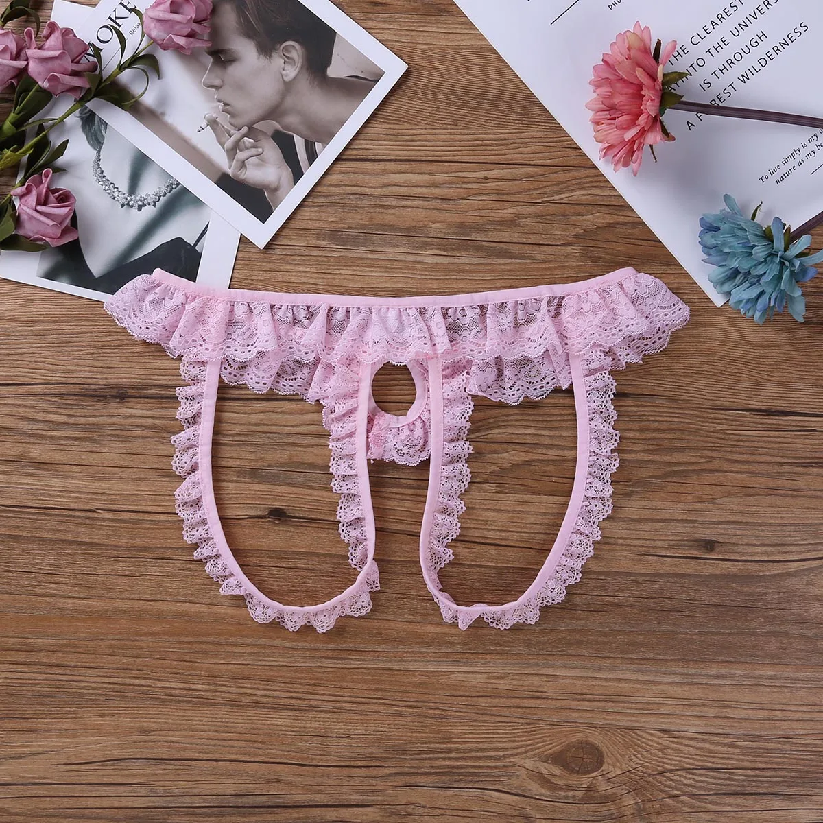 Mens Underwear Lace Lingerie Frilly Sissy Panties Crotchless Briefs Open Butt Erotic Gay
