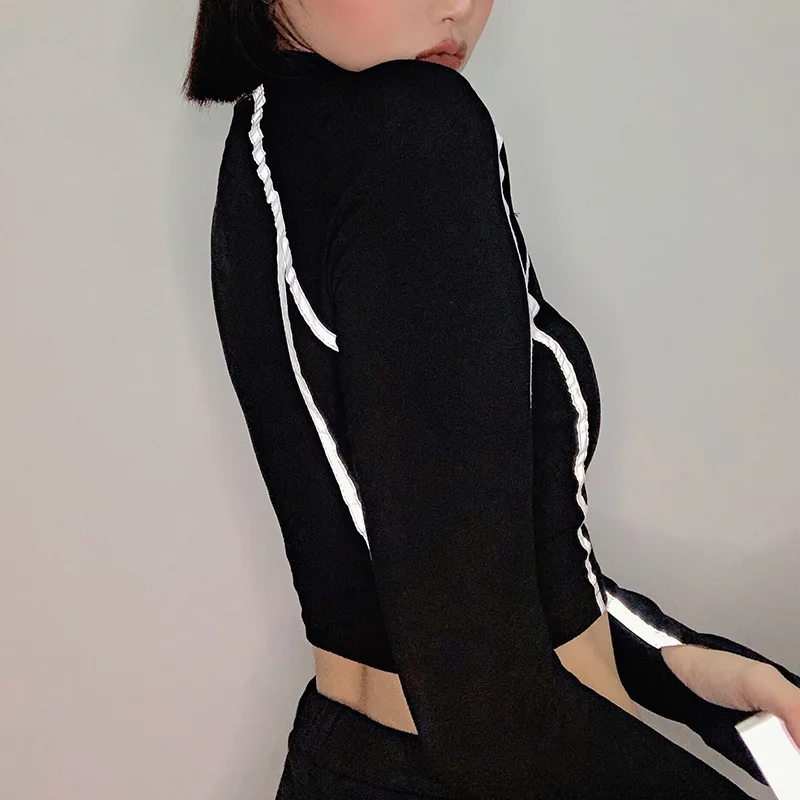 Fitshinling Goth темная отражающая Женская Футболка Harajuku осенний укороченный топ с надписью водолазка тонкая гранж черная футболка женская