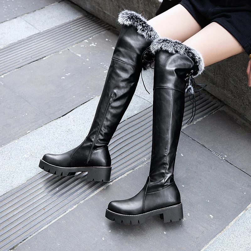 Черный Lsewilly Size 33-43 Warm Thermal Thick Faux Fur Thigh High Boots for Women Lace up Zip Chunky Heels Platformed Boots White Shoes - Цвет: Черный