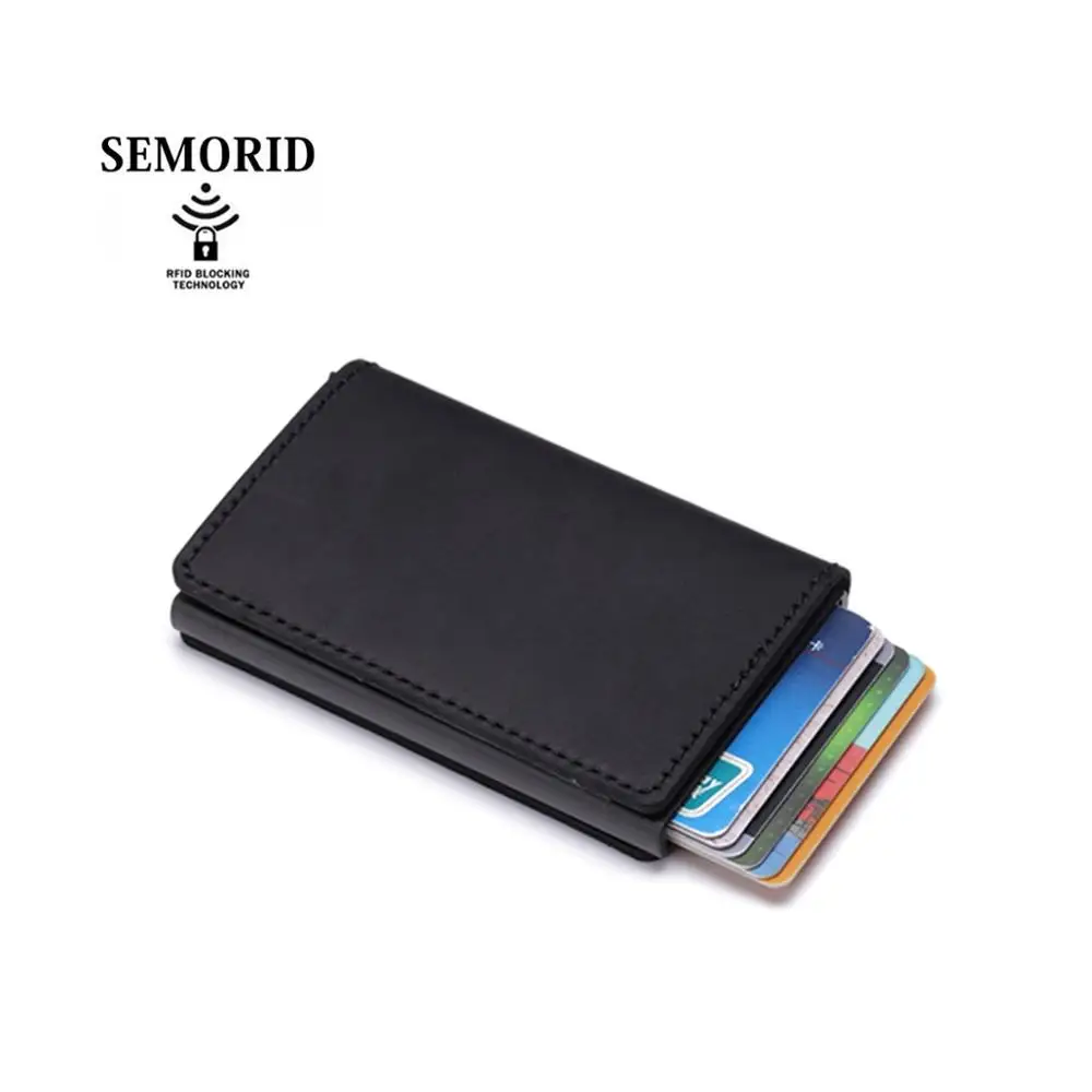 

SEMORID 2020 Slim Genuine Leather RFID Blocking Aluminum Case Wallet Auto Pop-up Crazy Horse Leather Credit Card Holder