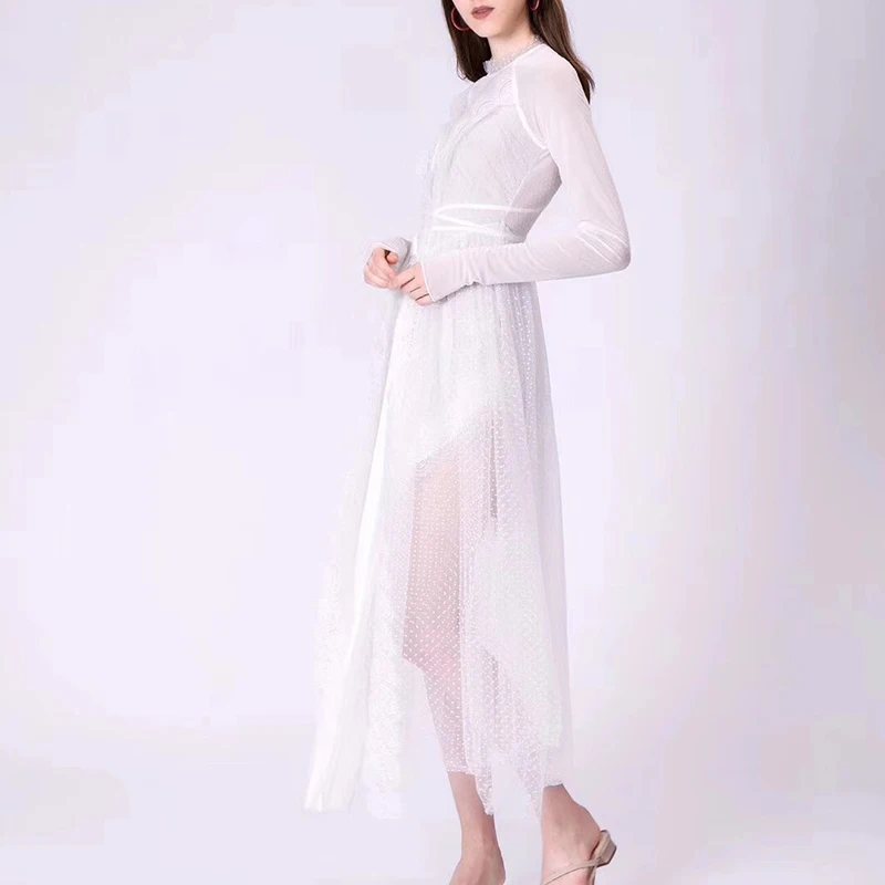 TWOTWINSTYLE белое элегантное лоскутное кружевное платье в горошек для женщин со стоячим воротником и высокой талией женские платья Летняя мода Новинка
