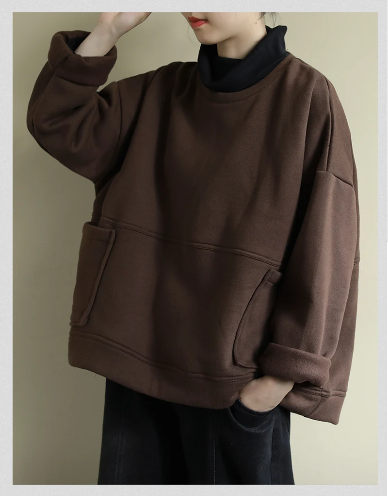 Autumn Winter Hoodies Women Loose Fleece Pullovers Retro Tops Turtleneck pocket Casual Ladies All-match Hoodies
