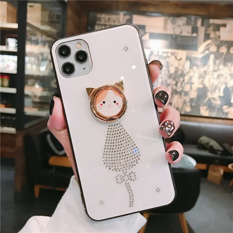 Модный милый чехол для телефона с кошкой для IPhone 11 Pro XS Max XR 7 8 6S Plus, Роскошный чехол из закаленного стекла с бриллиантами для IPhone 11, чехол