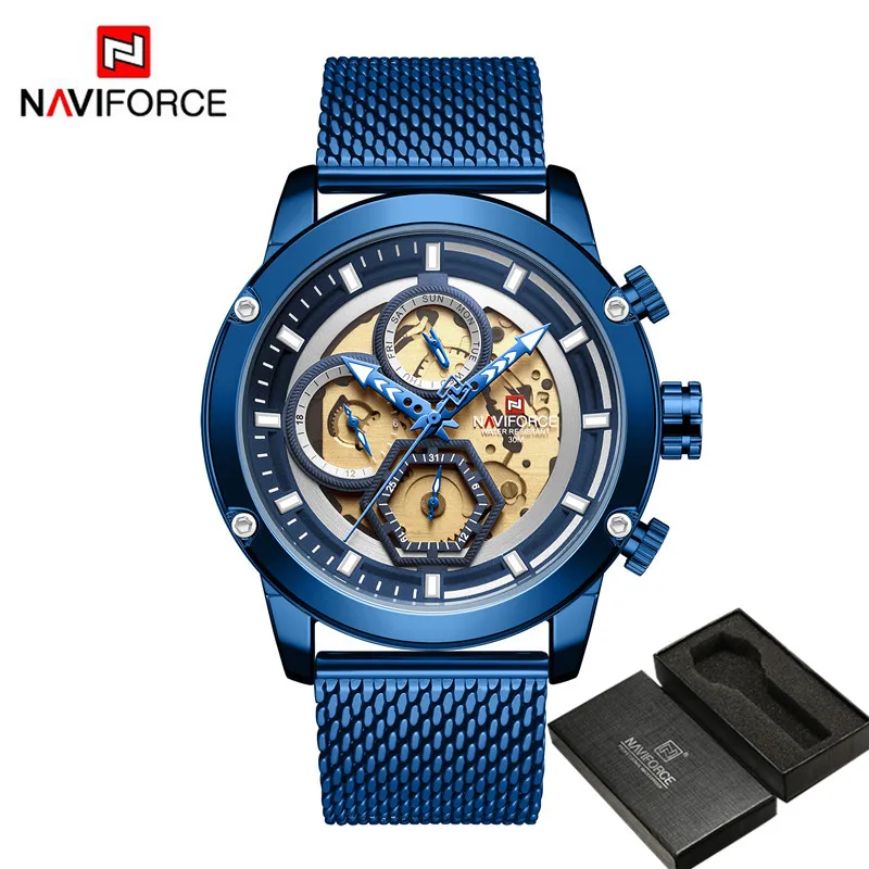 NA916701 with box NAVIFORCE модные мужские часы лучший бренд Роскошные синие спортивные мужские наручные часы военные из натуральной кожи Дата Неделя кварцевые мужские часы 9167 - Цвет: NA916701 with box