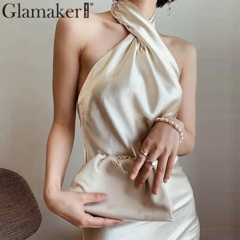 Glamaker, сатиновое, золотое, с открытой спиной, сексуальное, облегающее, длинное платье, женское, летнее, на шнуровке, белое, для вечеринки, элегантное, женское, макси, для клуба, Пляжное Платье
