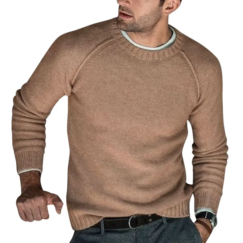 Мужской осенне-зимний теплый вязаный свитер с круглым вырезом, трикотажный Повседневный трикотажный джемпер, однотонный пуловер, свитер, Homme одежда - Цвет: Khaki
