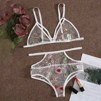 

Sexy Hot Lingerie Set Women Transparent Bra Tops G-string Thong Sleepwear Outfit Flower Lace Underwear Lingerie #J4