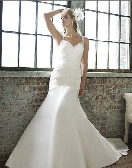 

2017 satin mermaid features flattering pleating straps intricate micro-beaded keyhole back bridal gown plus size wedding dresses